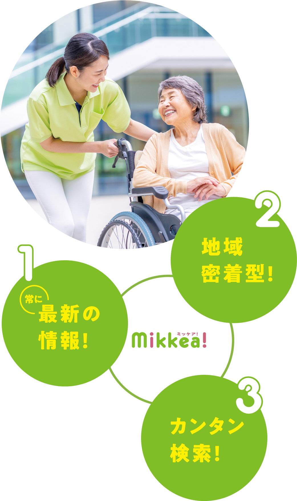 車椅子の女性と介護士が笑顔で会話する